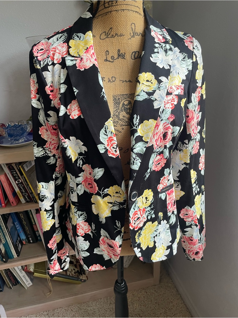 Guess Floral Blazer in Black with Pink and Yellow Blooms